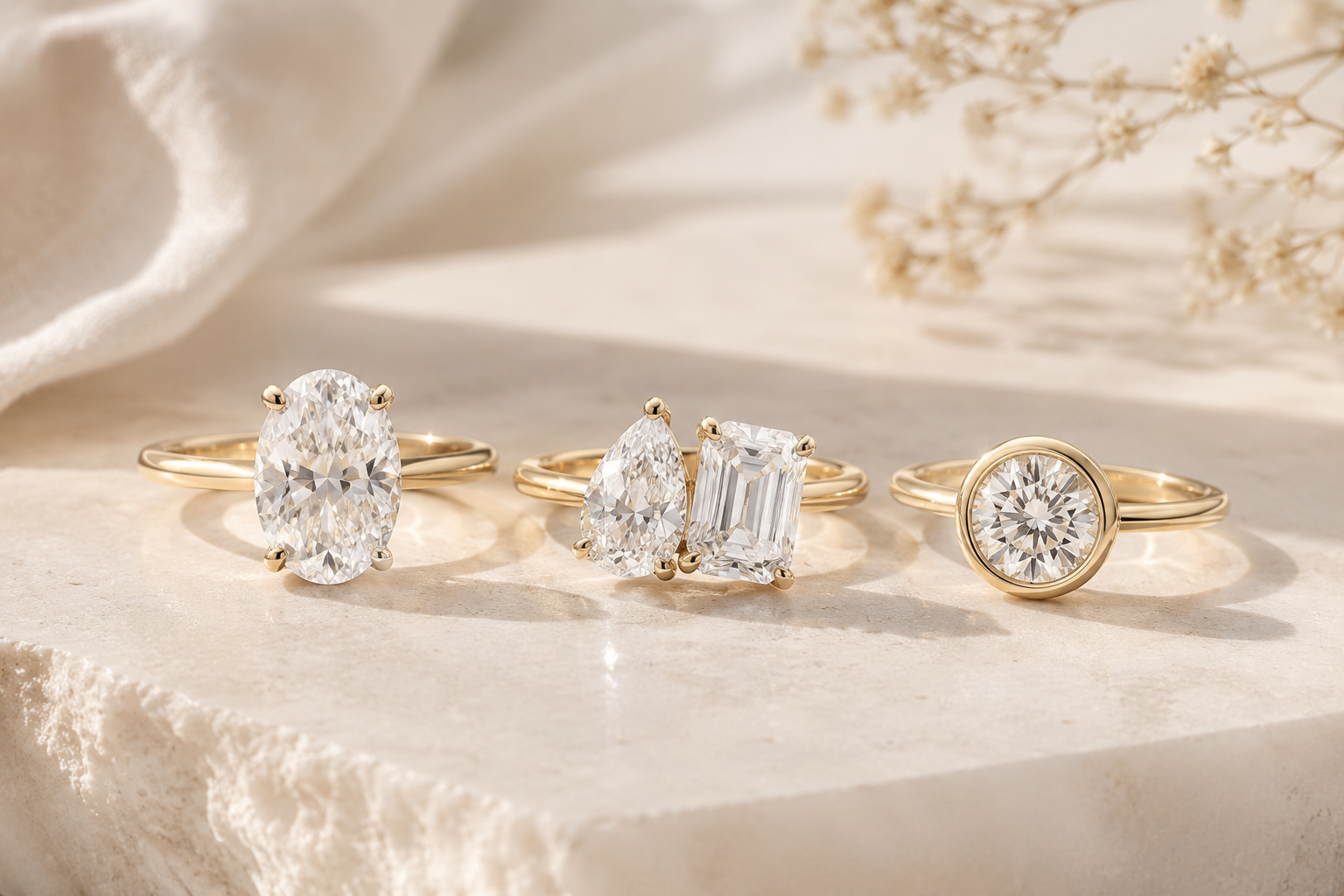 Low profile lab-grown diamond engagement rings in yellow gold with elegant everyday setting