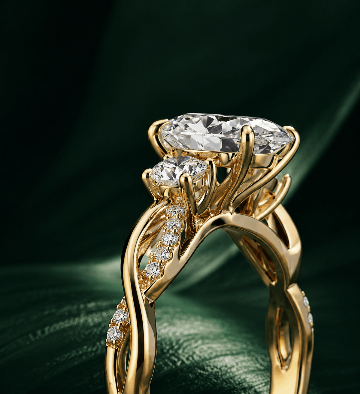 Side profile of a nature inspired lab grown diamond engagement ring showing twisted band and gold setting