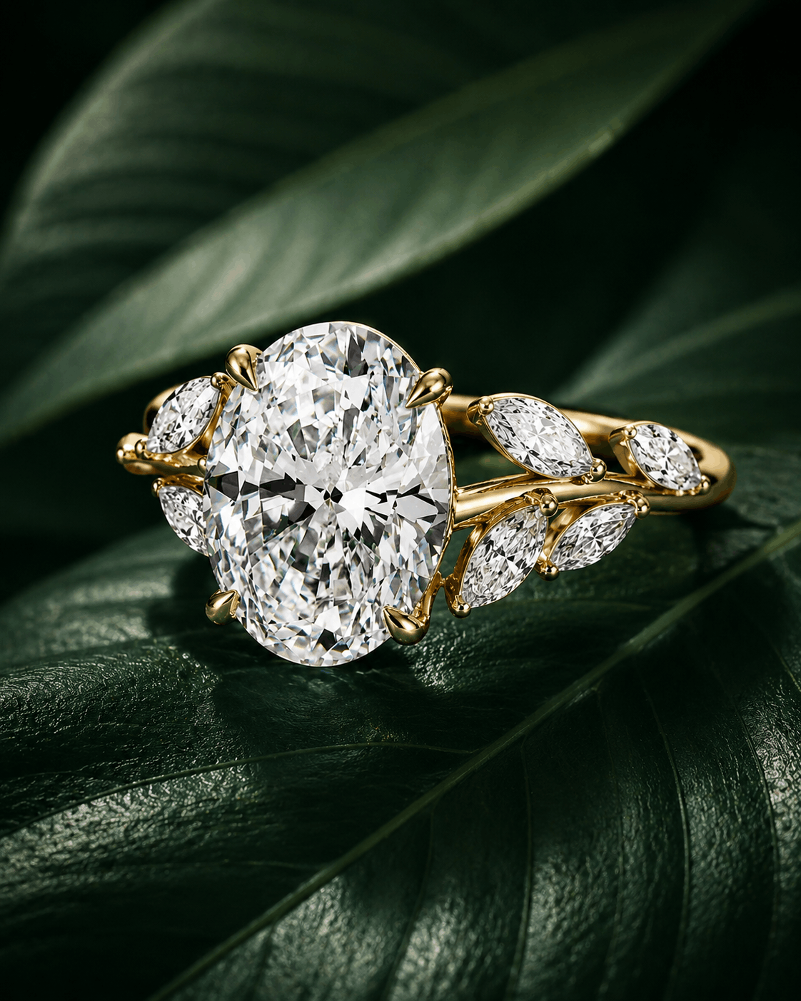 Oval lab grown diamond nature inspired engagement ring with leaf diamond band design on a natural green background