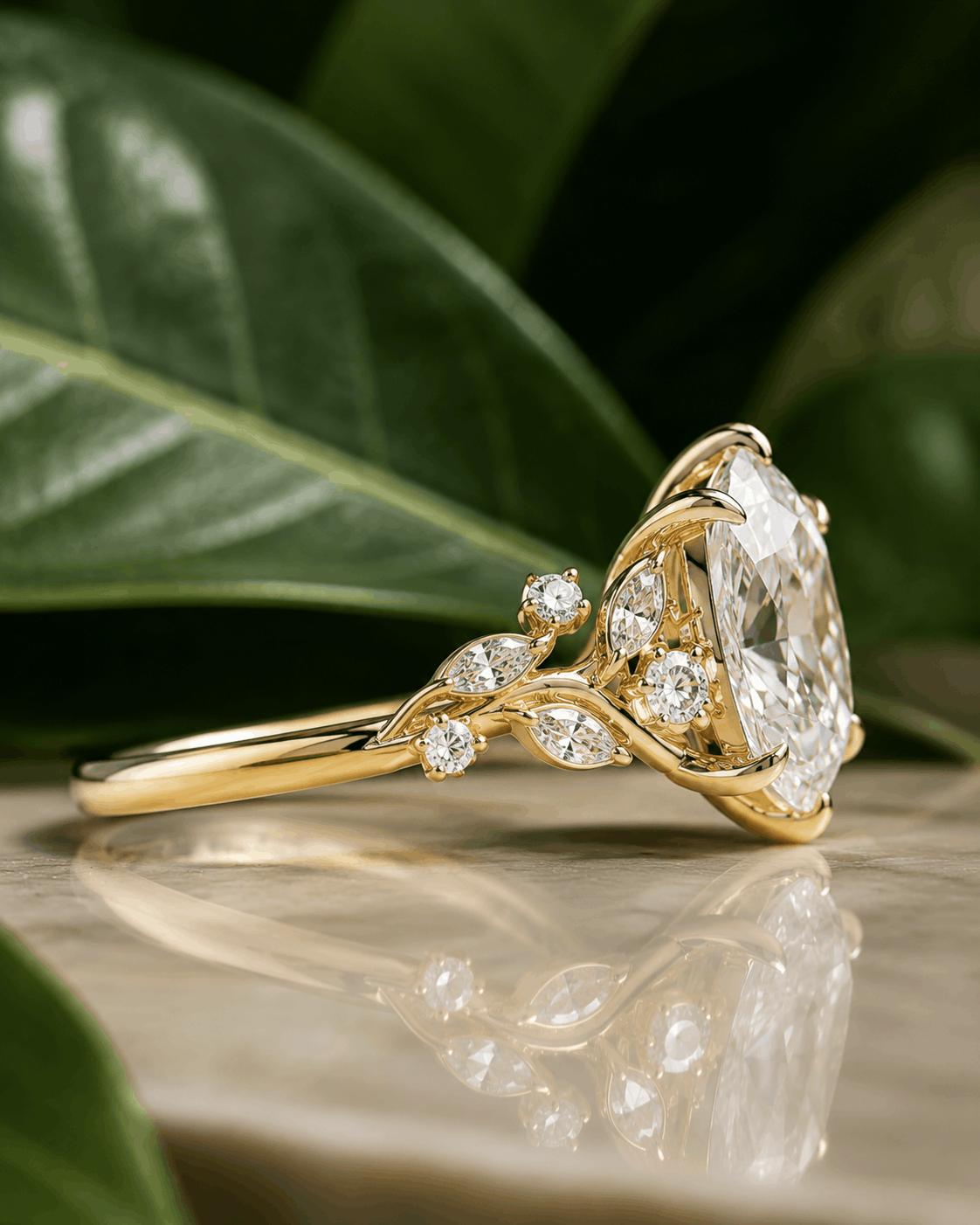Side view of a nature inspired oval lab grown diamond engagement ring with leaf and vine inspired gold setting